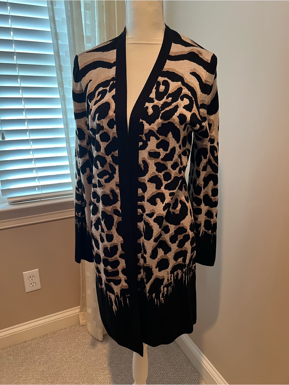 Chicos Long Open-Front Leopard Print Cardigan Sweater - Black and Beige Size 2